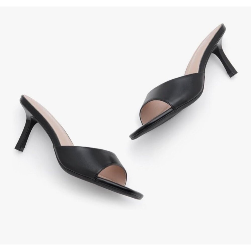 NIB Shoe Land Black Open Toe Slip On Casual Preppy Classic Sandal Stiletto Heels - Picture 4 of 6